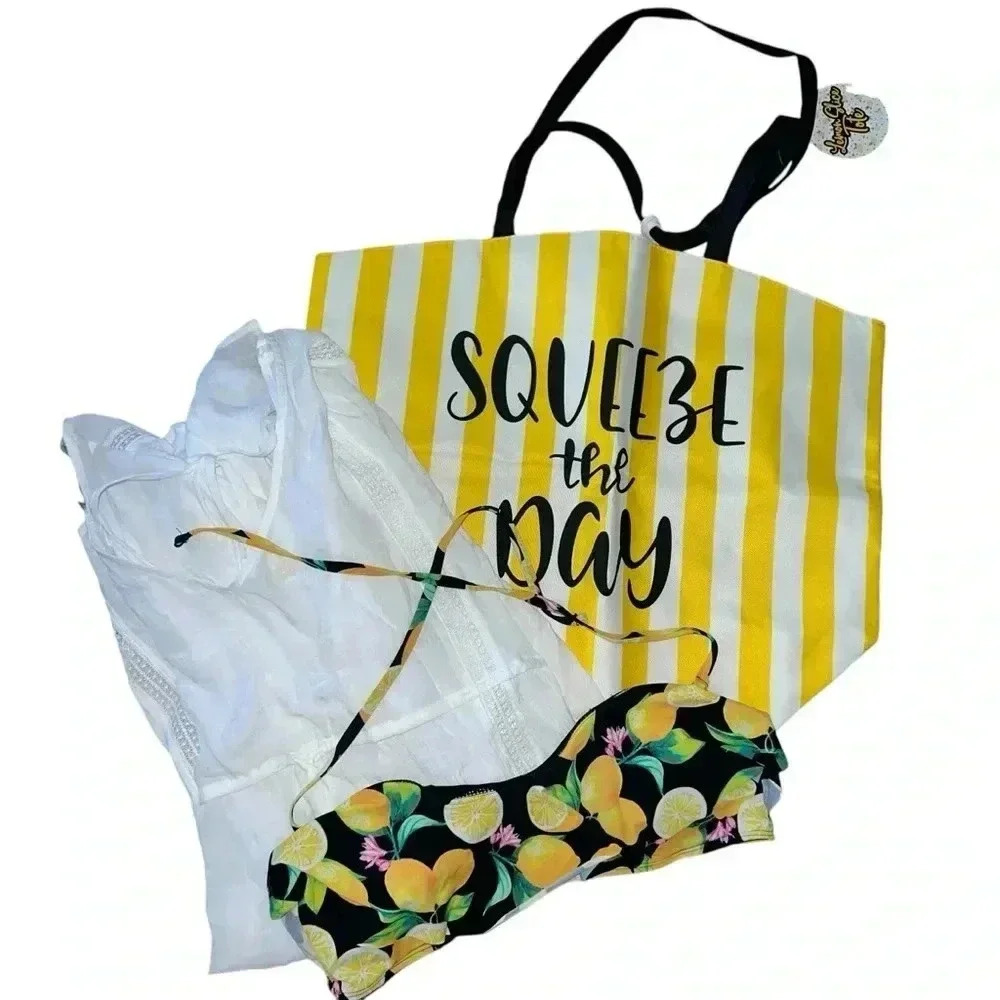 Beach Bundle: 👙Bikini Top, Swim Cover and Beach Tote, Yellow & White, Size 10